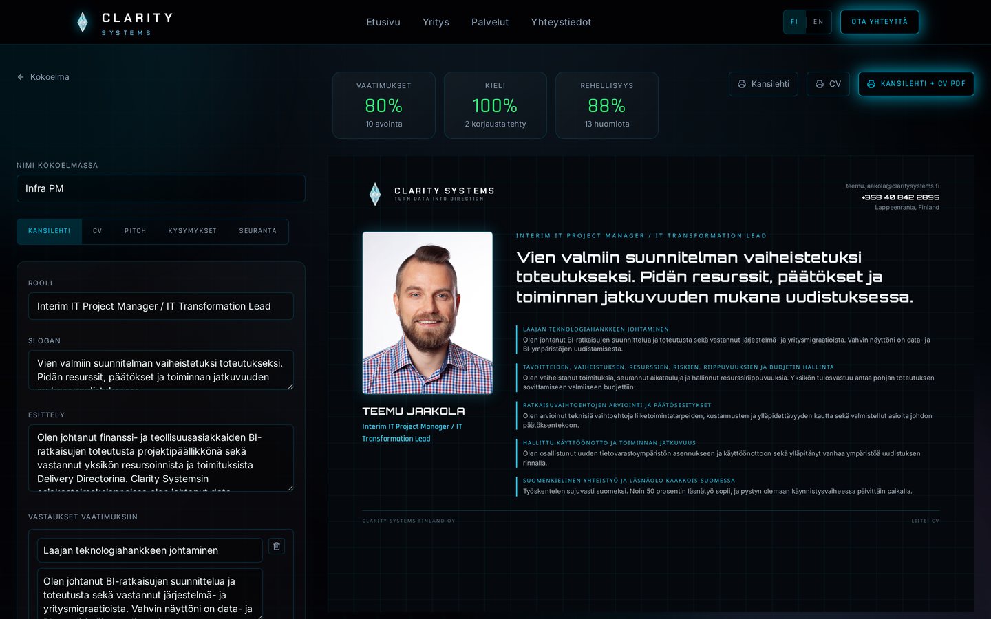 CV Studio -työkalu: tarkistustulokset ja valmis hakemuspaketti samassa näkymässä